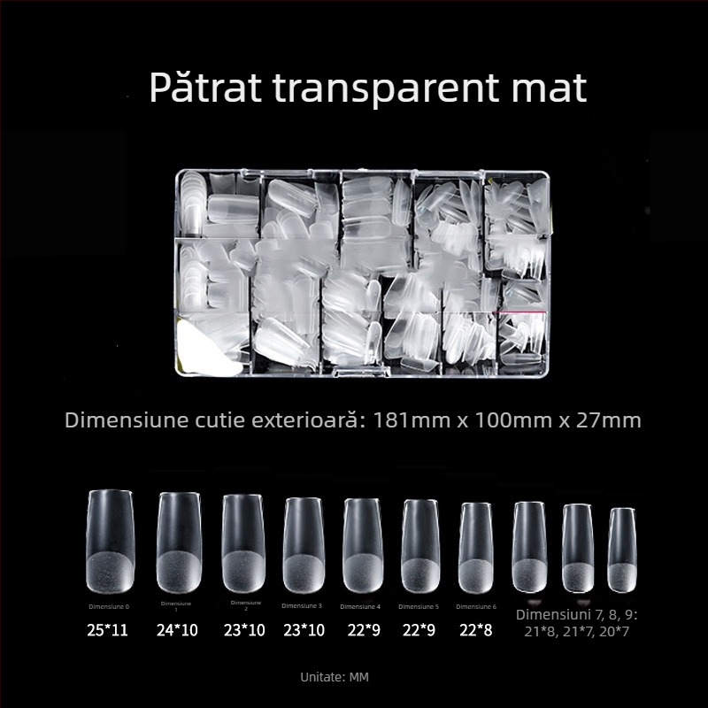 Unghii false transparente, lipire, fără pilire și urme; cutie cu 500 buc.; forme trapezoidal, picătură de apă și pătrate; includ autocolante pentru unghii.