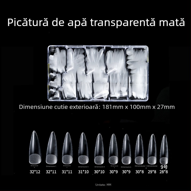 Unghii false transparente, lipire, fără pilire și urme; cutie cu 500 buc.; forme trapezoidal, picătură de apă și pătrate; includ autocolante pentru unghii.