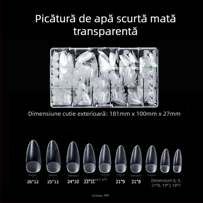 Unghii false transparente, lipire, fără pilire și urme; cutie cu 500 buc.; forme trapezoidal, picătură de apă și pătrate; includ autocolante pentru unghii.