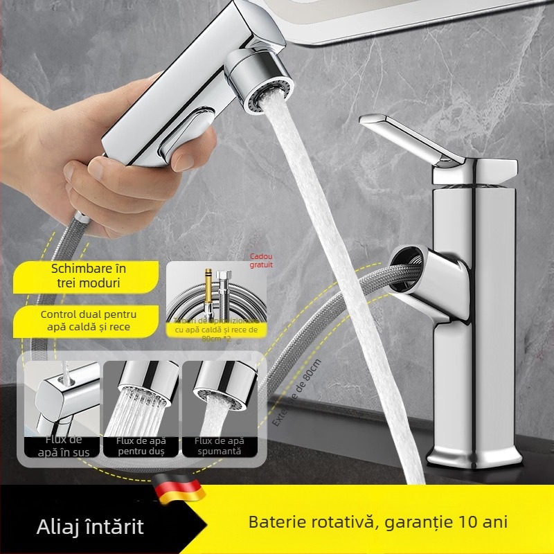 Robinet de chiuvetă cu extensie retractabilă, corp din aliaj de zinc, supapă cu disc ceramic, stil modern minimalist