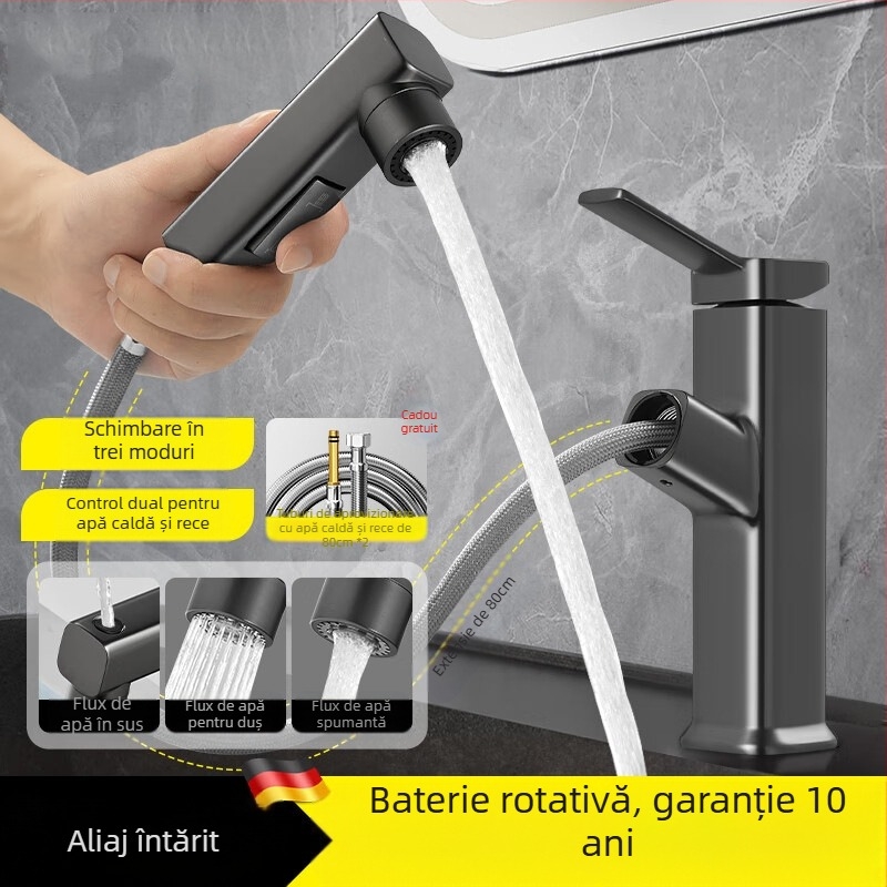Robinet de chiuvetă cu extensie retractabilă, corp din aliaj de zinc, supapă cu disc ceramic, stil modern minimalist