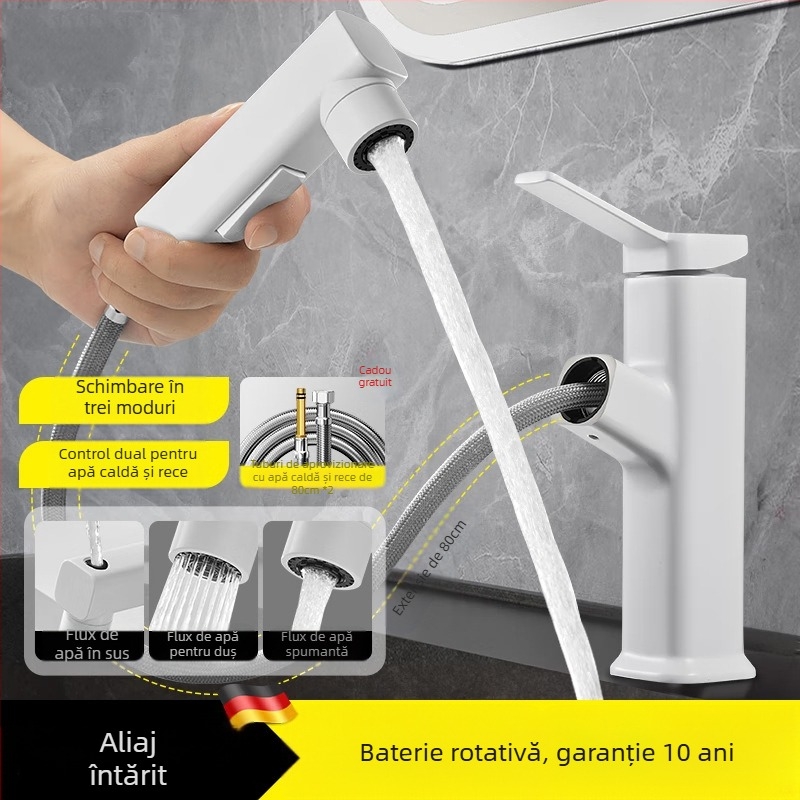 Robinet de chiuvetă cu extensie retractabilă, corp din aliaj de zinc, supapă cu disc ceramic, stil modern minimalist