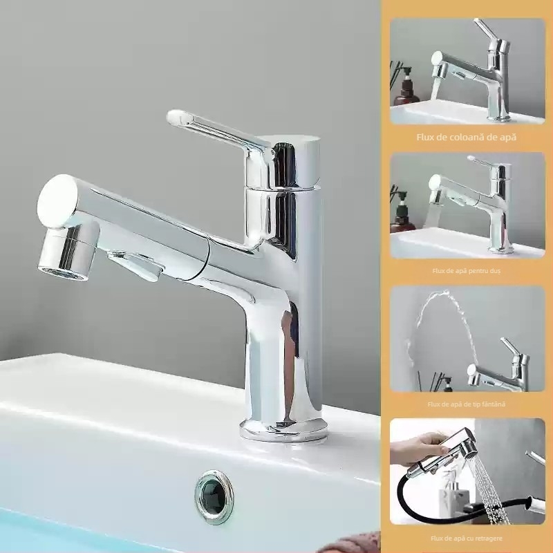 Robinet de chiuvetă cu extensie retractabilă, corp din aliaj de zinc, supapă cu disc ceramic, stil modern minimalist