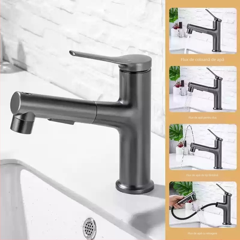 Robinet de chiuvetă cu extensie retractabilă, corp din aliaj de zinc, supapă cu disc ceramic, stil modern minimalist