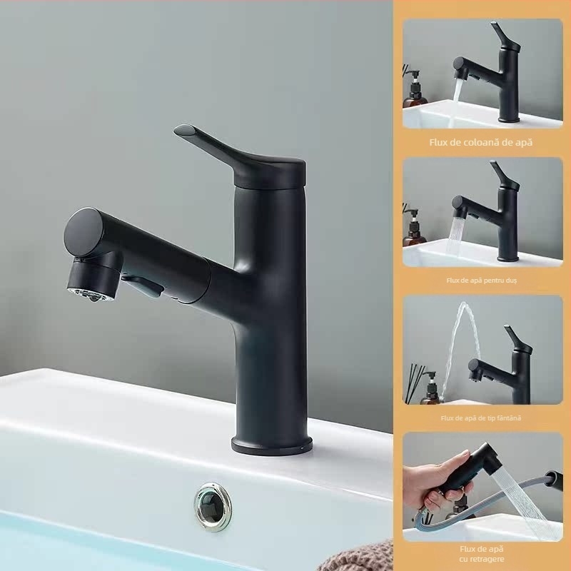 Robinet de chiuvetă cu extensie retractabilă, corp din aliaj de zinc, supapă cu disc ceramic, stil modern minimalist