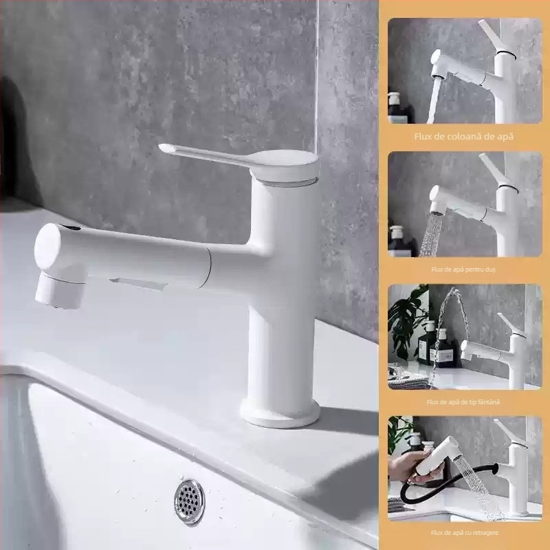 Robinet de chiuvetă cu extensie retractabilă, corp din aliaj de zinc, supapă cu disc ceramic, stil modern minimalist