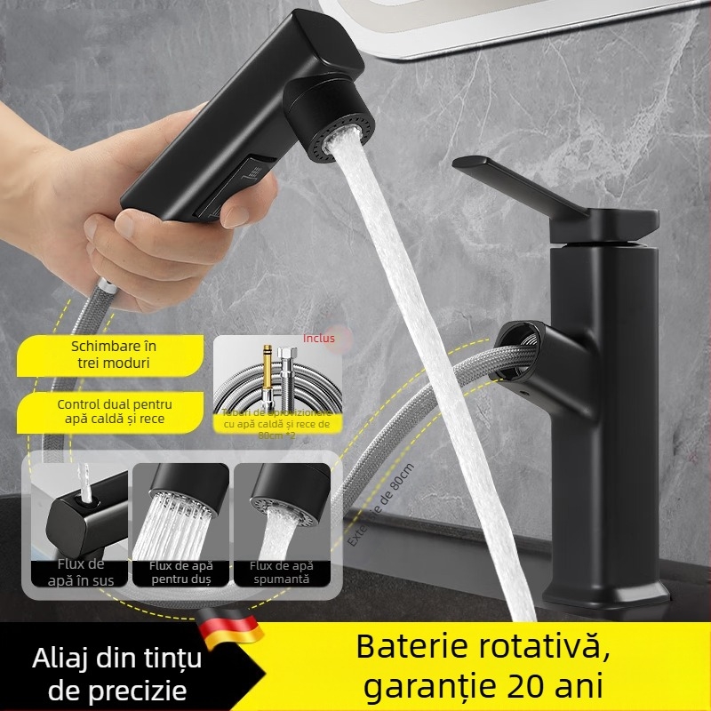 Robinet de chiuvetă cu extensie retractabilă, corp din aliaj de zinc, supapă cu disc ceramic, stil modern minimalist