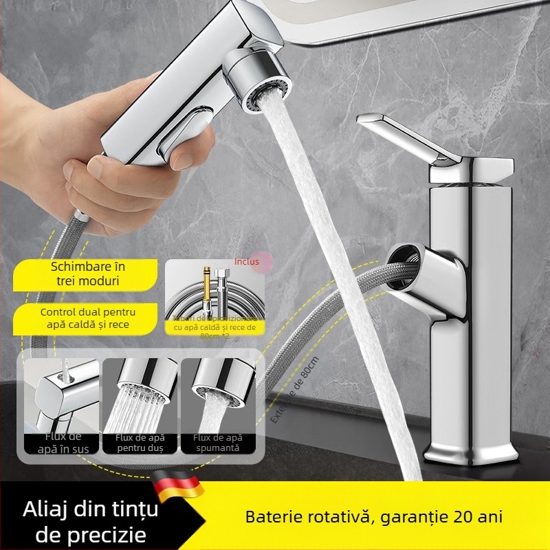 Robinet de chiuvetă cu extensie retractabilă, corp din aliaj de zinc, supapă cu disc ceramic, stil modern minimalist