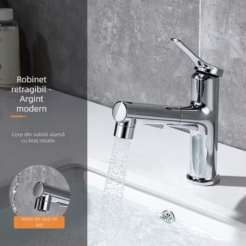 Robinet de chiuvetă cu extensie retractabilă, corp din aliaj de zinc, supapă cu disc ceramic, stil modern minimalist