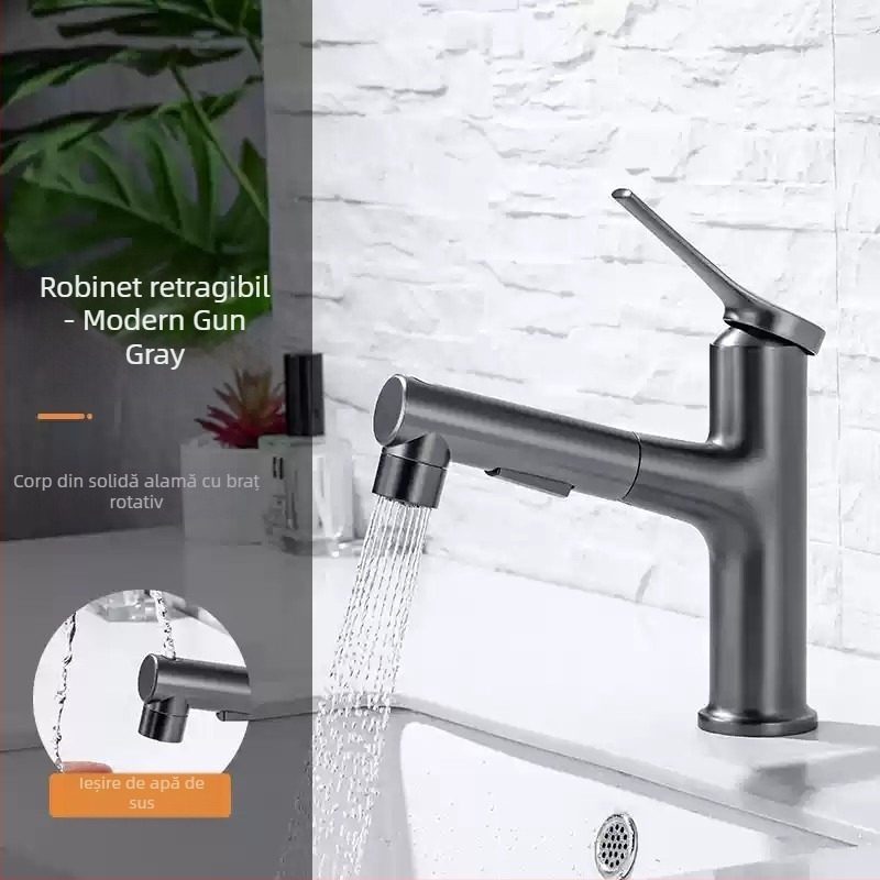 Robinet de chiuvetă cu extensie retractabilă, corp din aliaj de zinc, supapă cu disc ceramic, stil modern minimalist