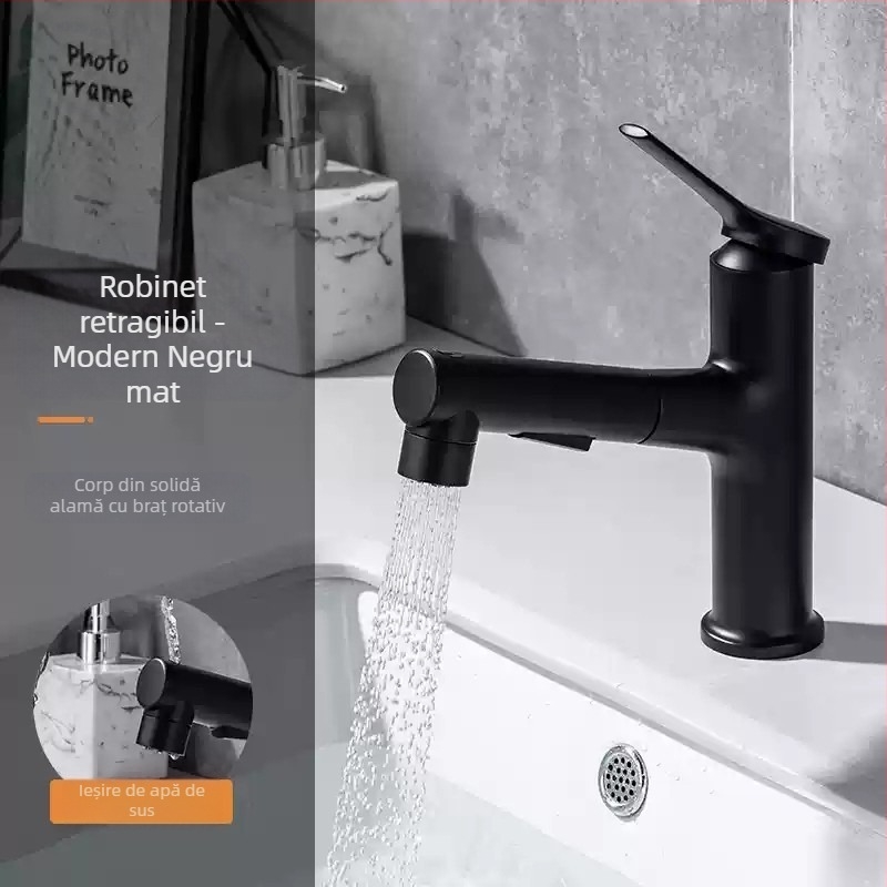 Robinet de chiuvetă cu extensie retractabilă, corp din aliaj de zinc, supapă cu disc ceramic, stil modern minimalist