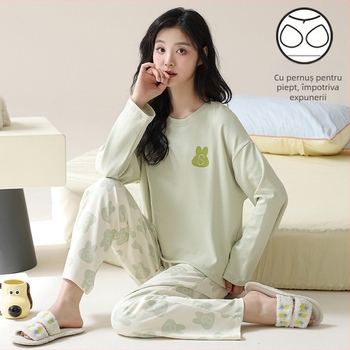 Set de pijama pentru femei tinere - material poliester cu aspect de bumbac, guler rotund, mâneci lungi, pantaloni lungi, ținută casual de casă, stil desen animat