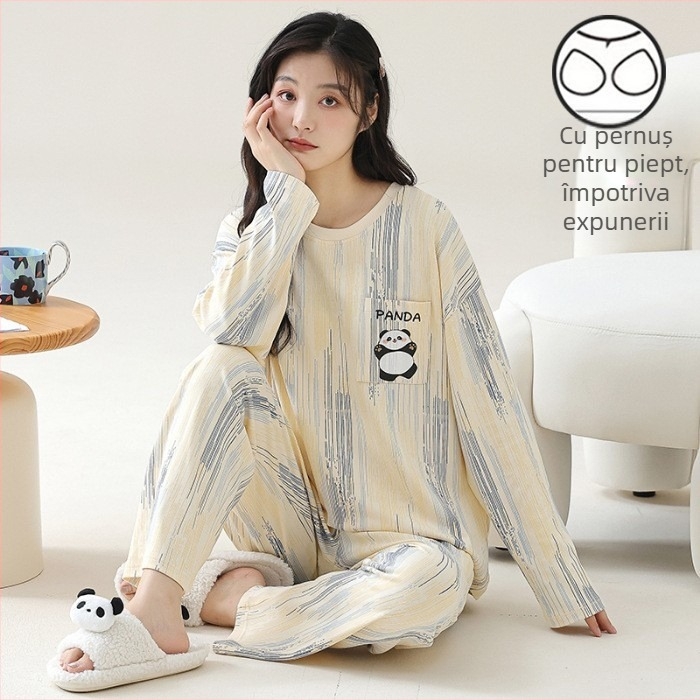 Set de pijama pentru femei tinere - material poliester cu aspect de bumbac, guler rotund, mâneci lungi, pantaloni lungi, ținută casual de casă, stil desen animat