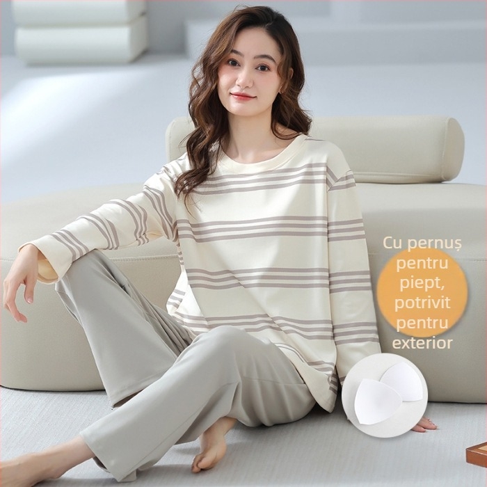 Set de pijama pentru femei tinere - material poliester cu aspect de bumbac, guler rotund, mâneci lungi, pantaloni lungi, ținută casual de casă, stil desen animat