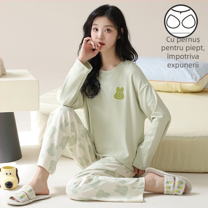 Set de pijama pentru femei tinere - material poliester cu aspect de bumbac, guler rotund, mâneci lungi, pantaloni lungi, ținută casual de casă, stil desen animat