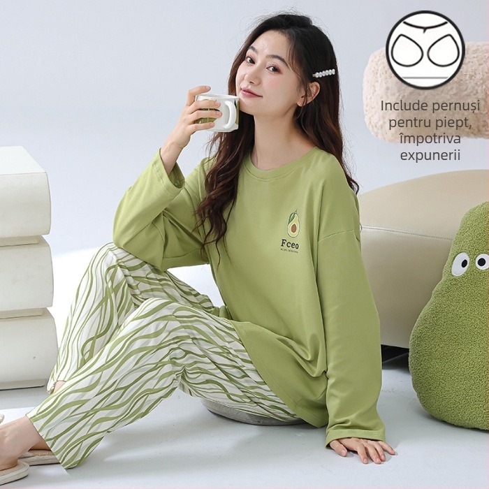 Set de pijama pentru femei tinere - material poliester cu aspect de bumbac, guler rotund, mâneci lungi, pantaloni lungi, ținută casual de casă, stil desen animat