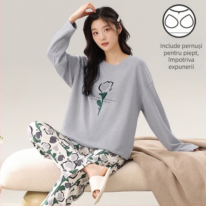 Set de pijama pentru femei tinere - material poliester cu aspect de bumbac, guler rotund, mâneci lungi, pantaloni lungi, ținută casual de casă, stil desen animat