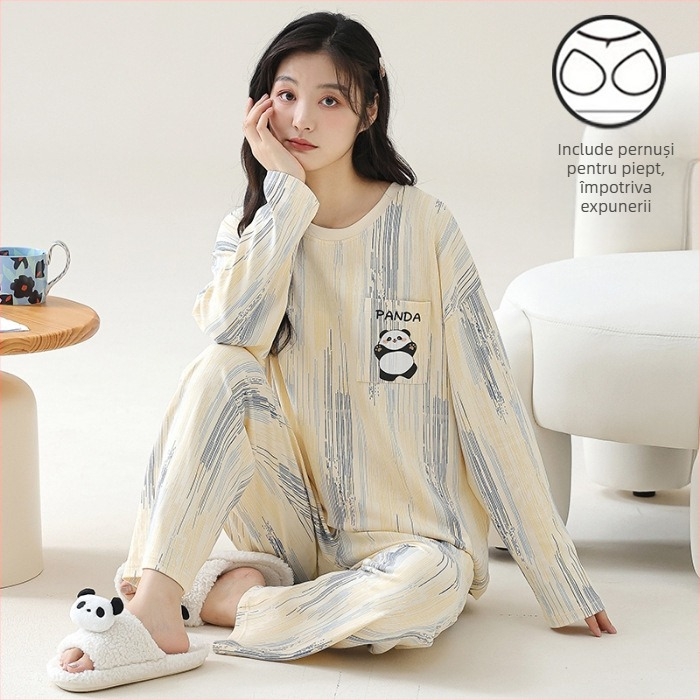 Set de pijama pentru femei tinere - material poliester cu aspect de bumbac, guler rotund, mâneci lungi, pantaloni lungi, ținută casual de casă, stil desen animat