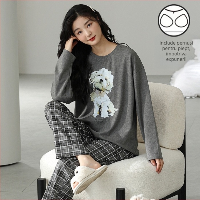Set de pijama pentru femei tinere - material poliester cu aspect de bumbac, guler rotund, mâneci lungi, pantaloni lungi, ținută casual de casă, stil desen animat
