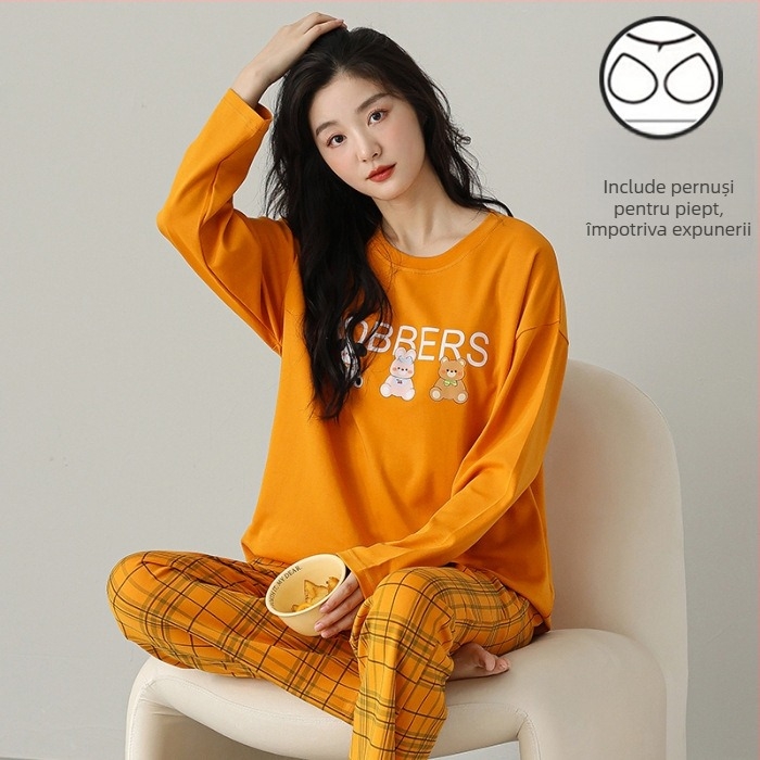 Set de pijama pentru femei tinere - material poliester cu aspect de bumbac, guler rotund, mâneci lungi, pantaloni lungi, ținută casual de casă, stil desen animat