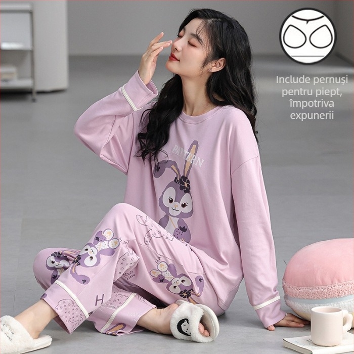 Set de pijama pentru femei tinere - material poliester cu aspect de bumbac, guler rotund, mâneci lungi, pantaloni lungi, ținută casual de casă, stil desen animat