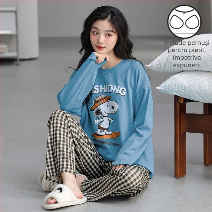 Set de pijama pentru femei tinere - material poliester cu aspect de bumbac, guler rotund, mâneci lungi, pantaloni lungi, ținută casual de casă, stil desen animat