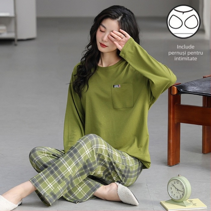 Set de pijama pentru femei tinere - material poliester cu aspect de bumbac, guler rotund, mâneci lungi, pantaloni lungi, ținută casual de casă, stil desen animat