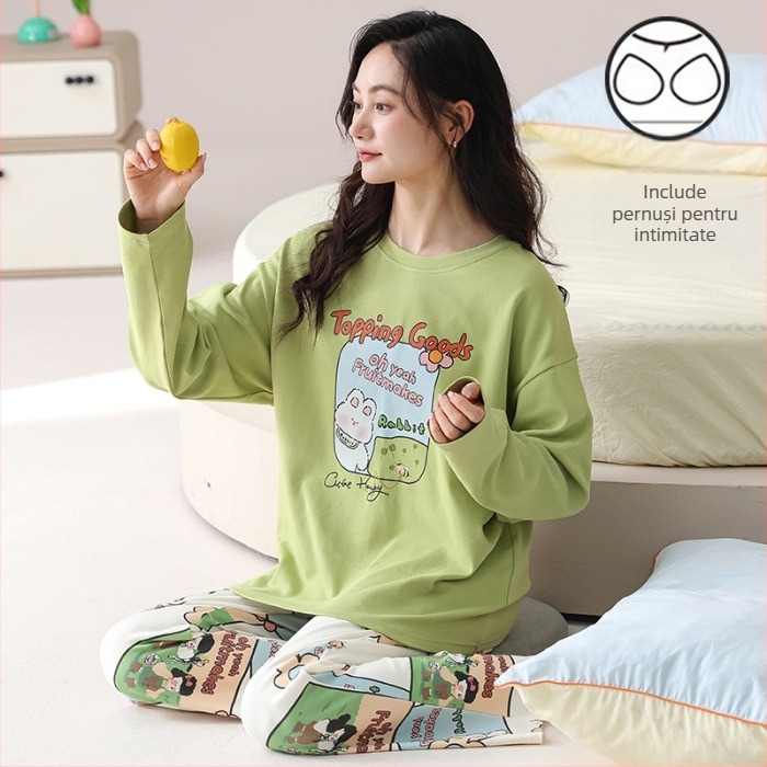 Set de pijama pentru femei tinere - material poliester cu aspect de bumbac, guler rotund, mâneci lungi, pantaloni lungi, ținută casual de casă, stil desen animat