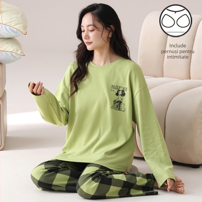 Set de pijama pentru femei tinere - material poliester cu aspect de bumbac, guler rotund, mâneci lungi, pantaloni lungi, ținută casual de casă, stil desen animat