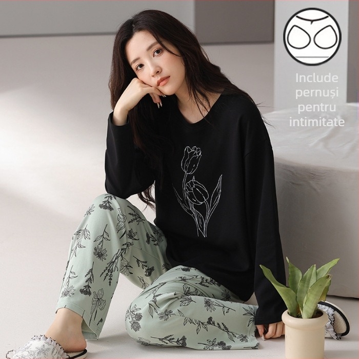 Set de pijama pentru femei tinere - material poliester cu aspect de bumbac, guler rotund, mâneci lungi, pantaloni lungi, ținută casual de casă, stil desen animat