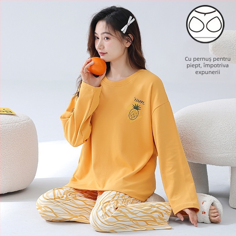 Set de pijama pentru femei tinere - material poliester cu aspect de bumbac, guler rotund, mâneci lungi, pantaloni lungi, ținută casual de casă, stil desen animat