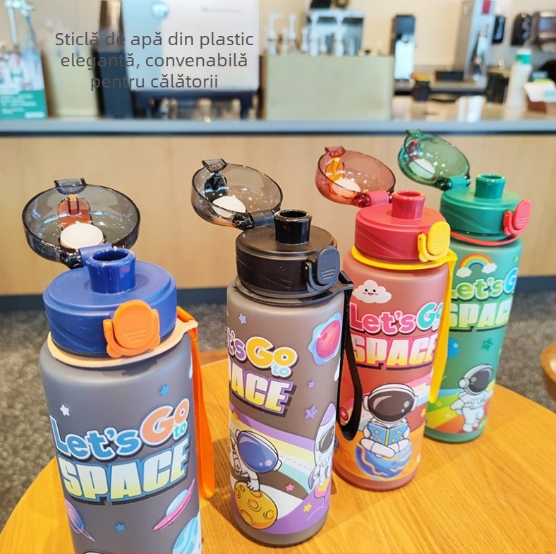 Pahar plastic cu astronaut desen animat, cu pai, curea de purtare, stil sport, 700 ml, material PC, personalizabil