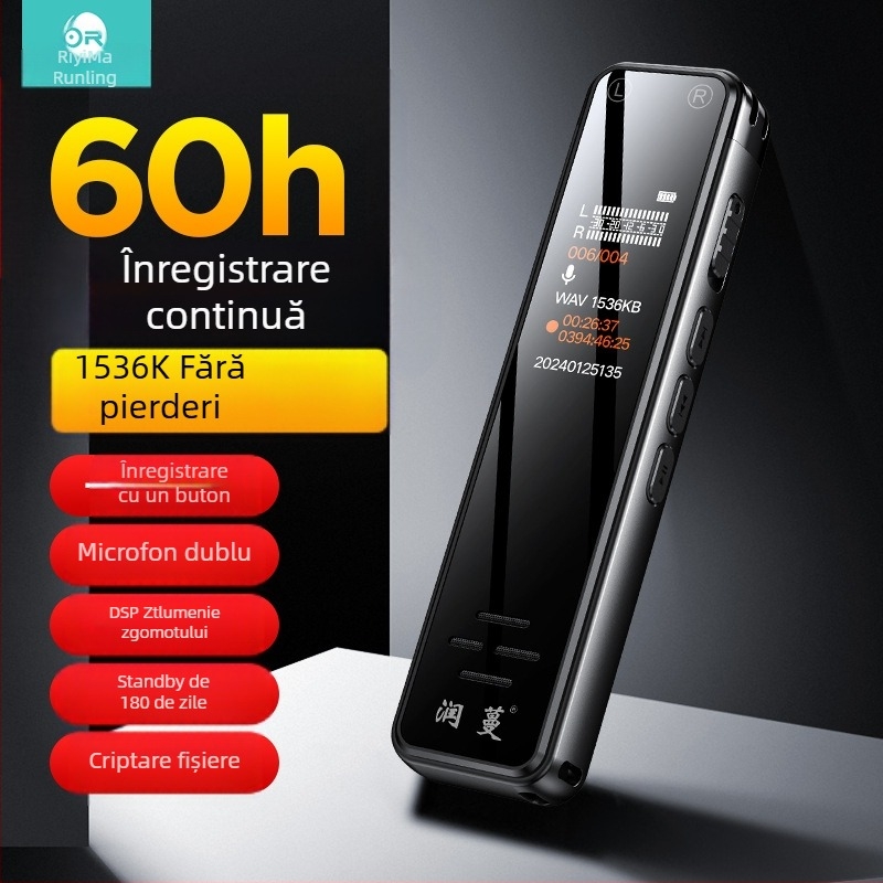 Runvine R11 stilou de înregistrare a vocii cu microfoane duale, WAV 512Kbps, 60 de ore de înregistrare, USB 2.0, carcasă din aliaj de aluminiu