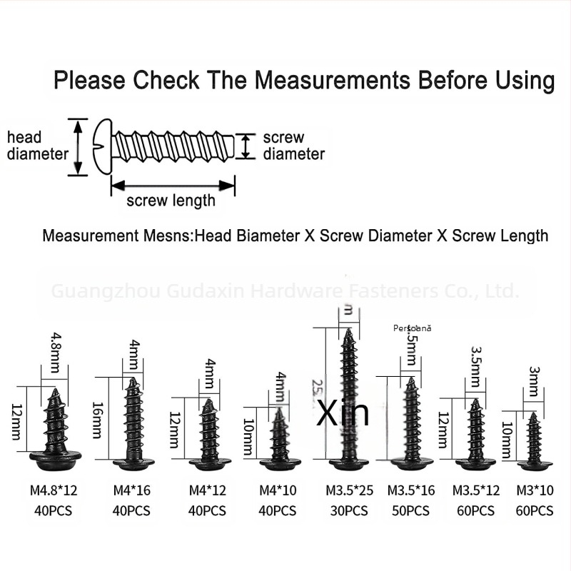 Set de șuruburi autofiletante cu cap rotund, din oțel-carbon, clasa A, standard GDX0035, 350 bucăți