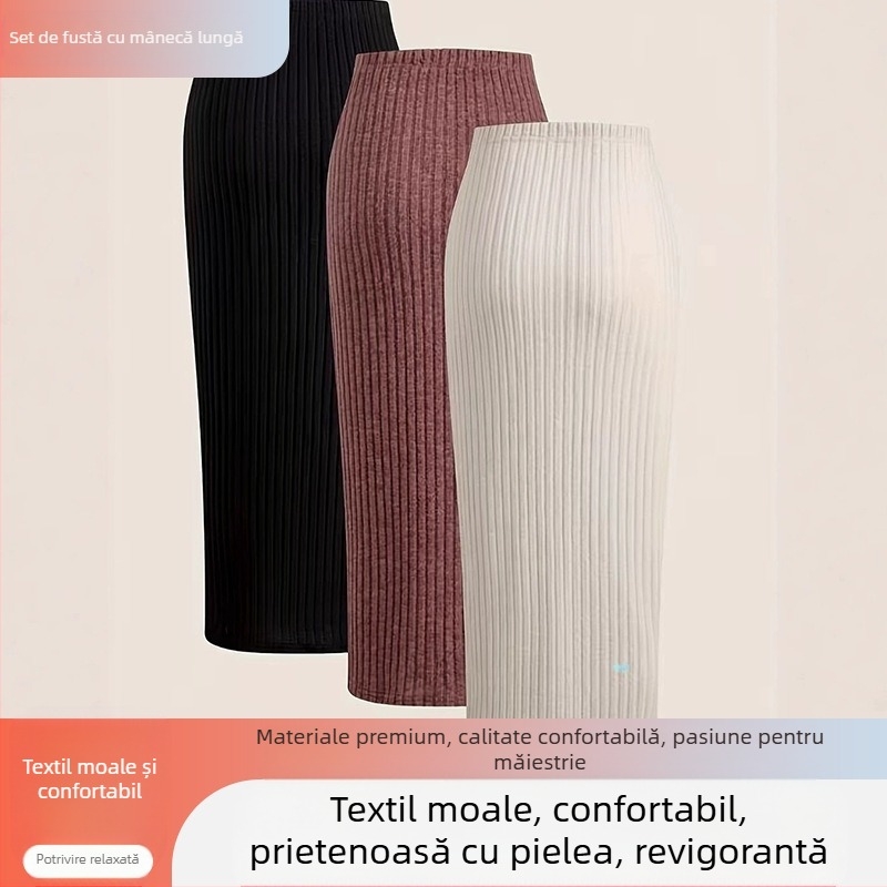 Fustă midi cu talie înaltă, material tricotat, poliester/spandex, lungime midi, elasticitate medie