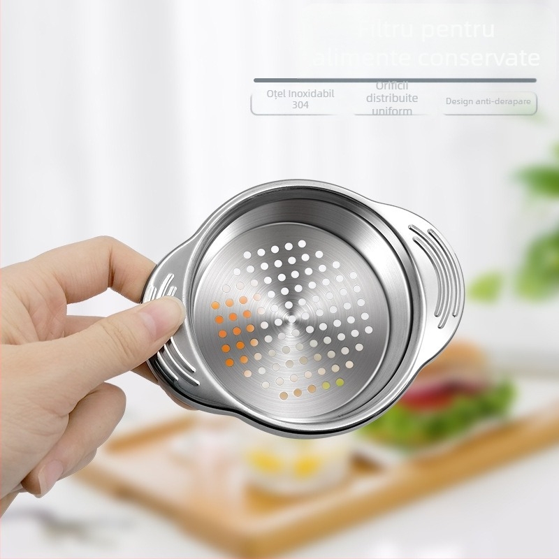 Scurgător de conserve din oțel inoxidabil 304, cu mânere în formă de urechi și filtru pentru resturi – design modern minimalist