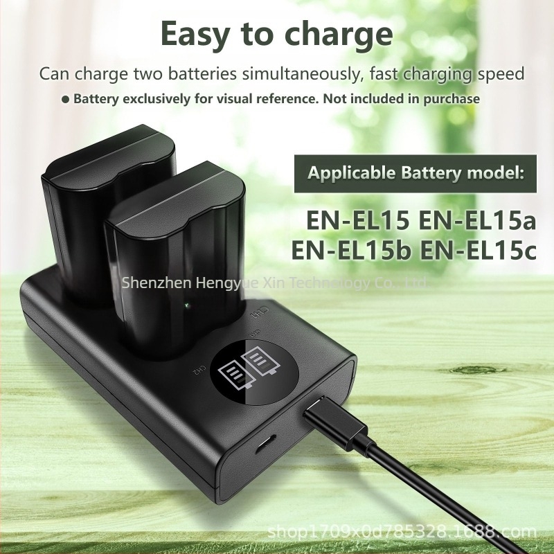 Încărcător dual EN-EL15 pentru Nikon D7000, D7100, D800, D800E, D610 cu intrare USB-C și indicator LED