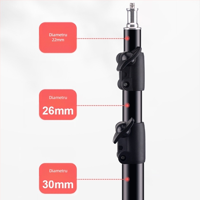 Stativ de iluminat pentru fotografie din aluminiu, încărcare 5 kg, înălțime 2,8 m, diametru 30 mm, 3 secțiuni, potrivit pentru transmisiuni live