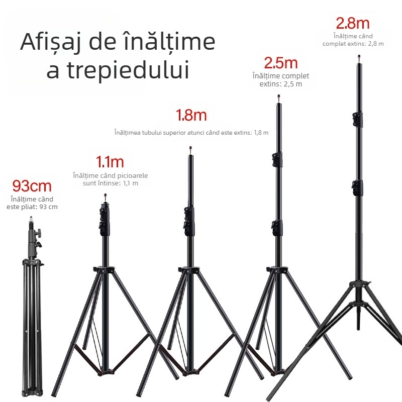 Stativ de iluminat pentru fotografie din aluminiu, încărcare 5 kg, înălțime 2,8 m, diametru 30 mm, 3 secțiuni, potrivit pentru transmisiuni live