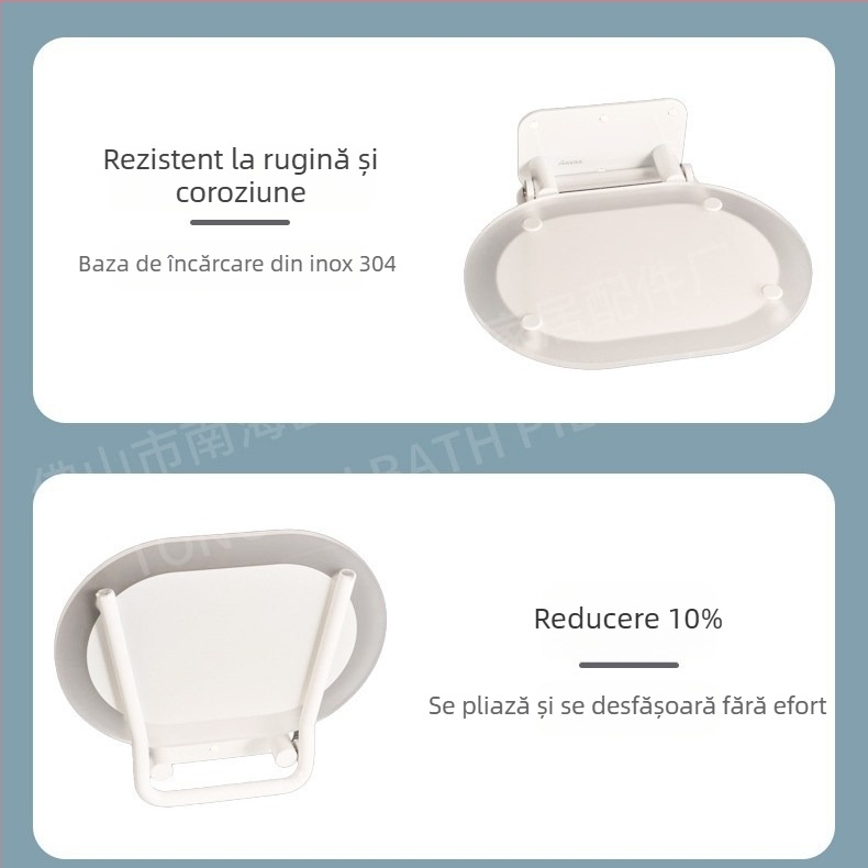 Scaun de duș cu bază din oțel inoxidabil 304 și panou din acrilic – impermeabil, rezistent la coroziune, cu capacitate de încărcare mare