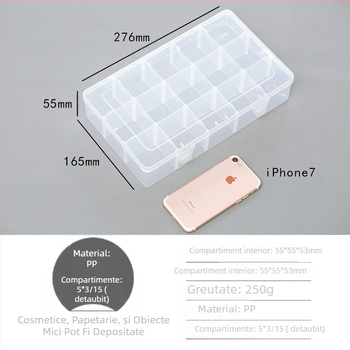 Cutie de depozitare bandă adezivă, 15 compartimente, din polipropilenă (BOPP), transparentă