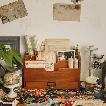 Organizator de birou din lemn pentru uz casnic, organizator de cărți cu mai multe compartimente și sertar, model 56405 personalizabil, număr de articol 505456, lemn natural, imprimare logo disponibil