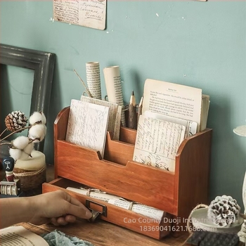 Organizator de birou din lemn pentru uz casnic, organizator de cărți cu mai multe compartimente și sertar, model 56405 personalizabil, număr de articol 505456, lemn natural, imprimare logo disponibil