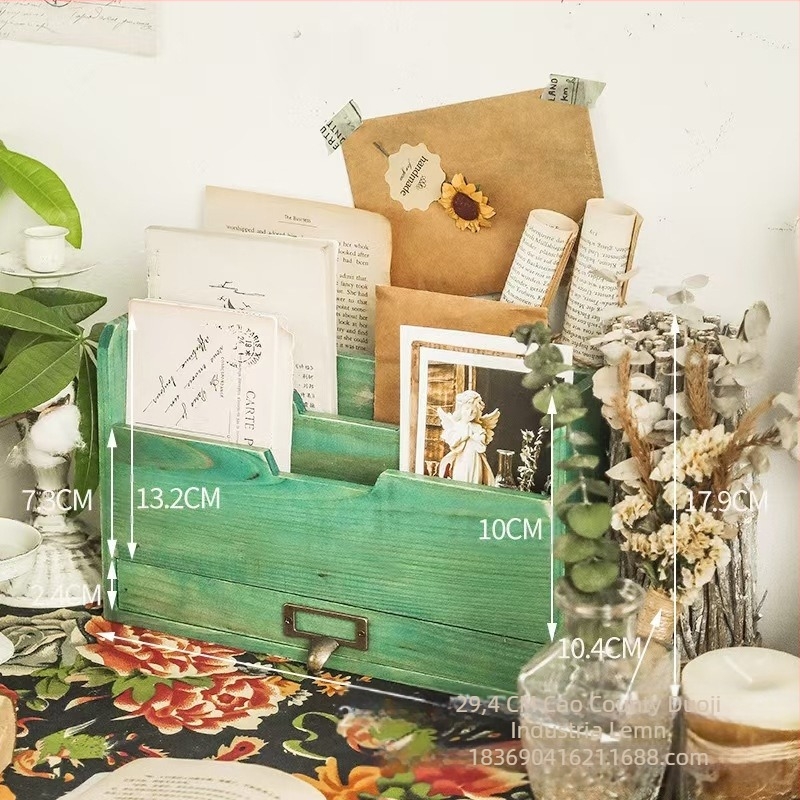 Organizator de birou din lemn pentru uz casnic, organizator de cărți cu mai multe compartimente și sertar, model 56405 personalizabil, număr de articol 505456, lemn natural, imprimare logo disponibil