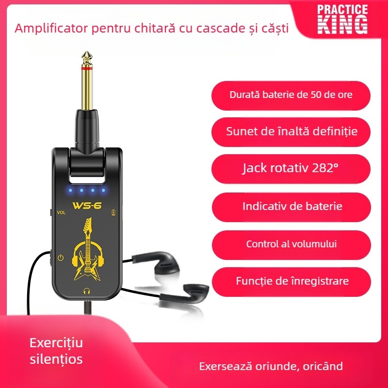 Amplificator de chitară cu procesor de efecte, căști cu anulare a zgomotului pentru antrenament silențios, funcție de înregistrare — Model WS-6