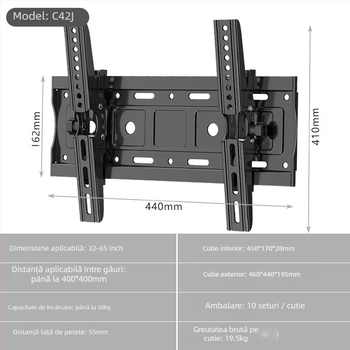 Suport TV solid pentru perete, braț reglabil, din oțel laminat la rece, model C42J, 1,85 kg