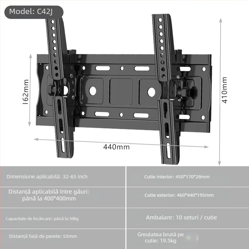 Suport TV solid pentru perete, braț reglabil, din oțel laminat la rece, model C42J, 1,85 kg