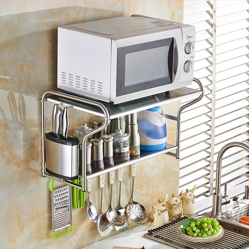 Raft de perete din oțel inoxidabil pentru cuptorul cu microunde – organizator bucătărie, stil modern minimalist