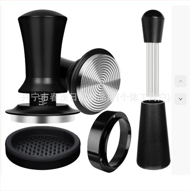 Set de accesorii pentru espresso italian din oțel inoxidabil 304, format din 4 piese: tampare cu scară, ac de distribuție a pulberii, inel magnetic de colectare a pulberii