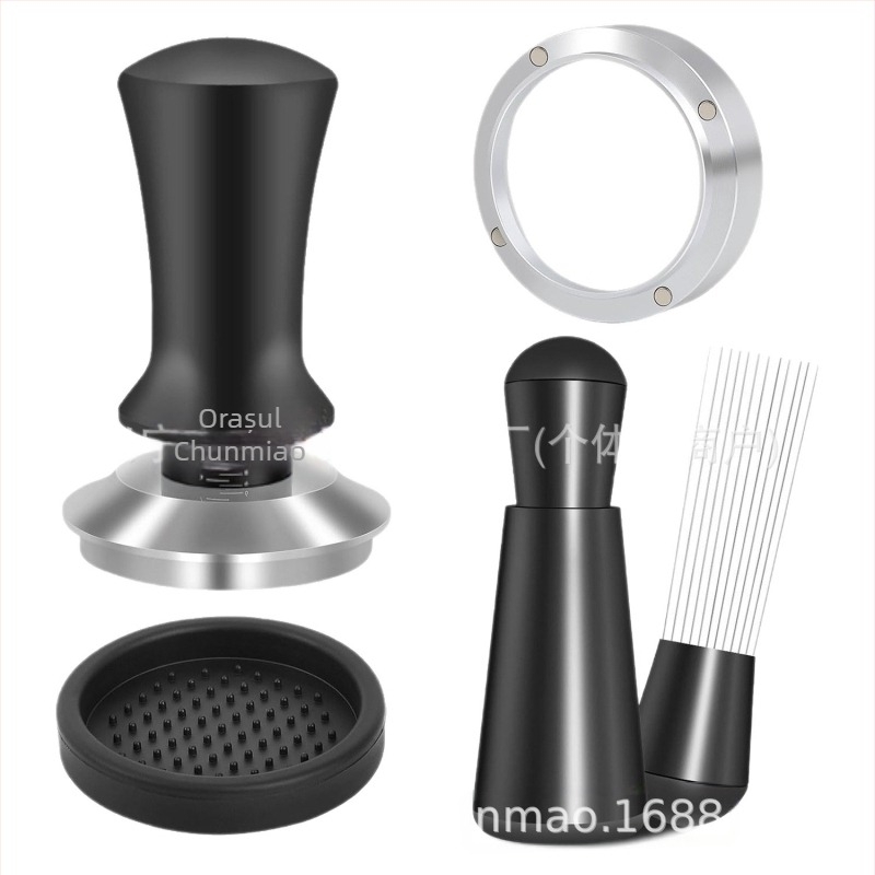 Set de accesorii pentru espresso italian din oțel inoxidabil 304, format din 4 piese: tampare cu scară, ac de distribuție a pulberii, inel magnetic de colectare a pulberii